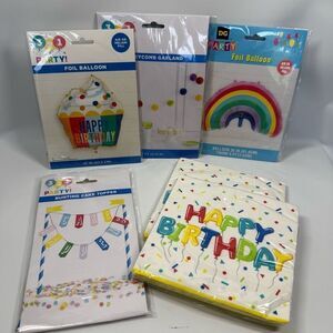 D35. Party Decorations- 6 piece birthday primary colors balloons plates cake top